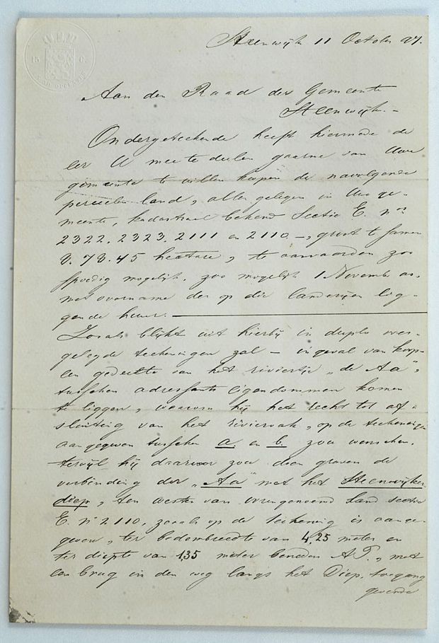 Brief aan de raad van de gemeente Steenwijk, pagina 1
