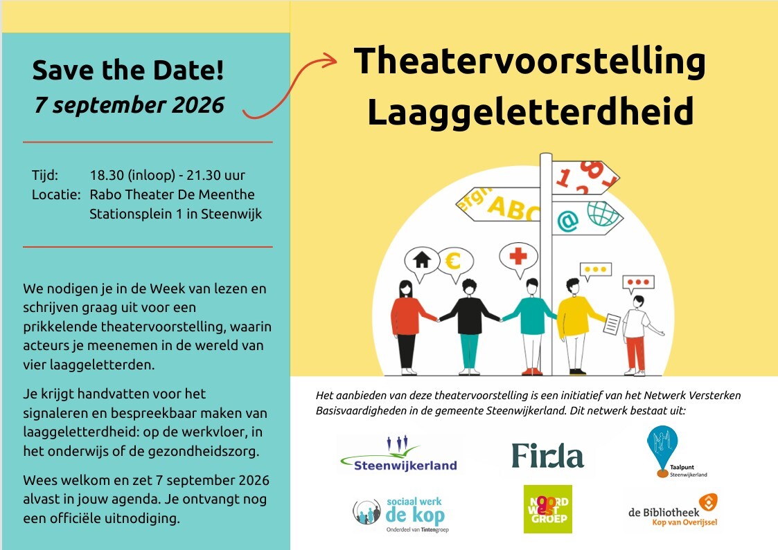 Save the date theatervoorstelling Laaggeletterdheid